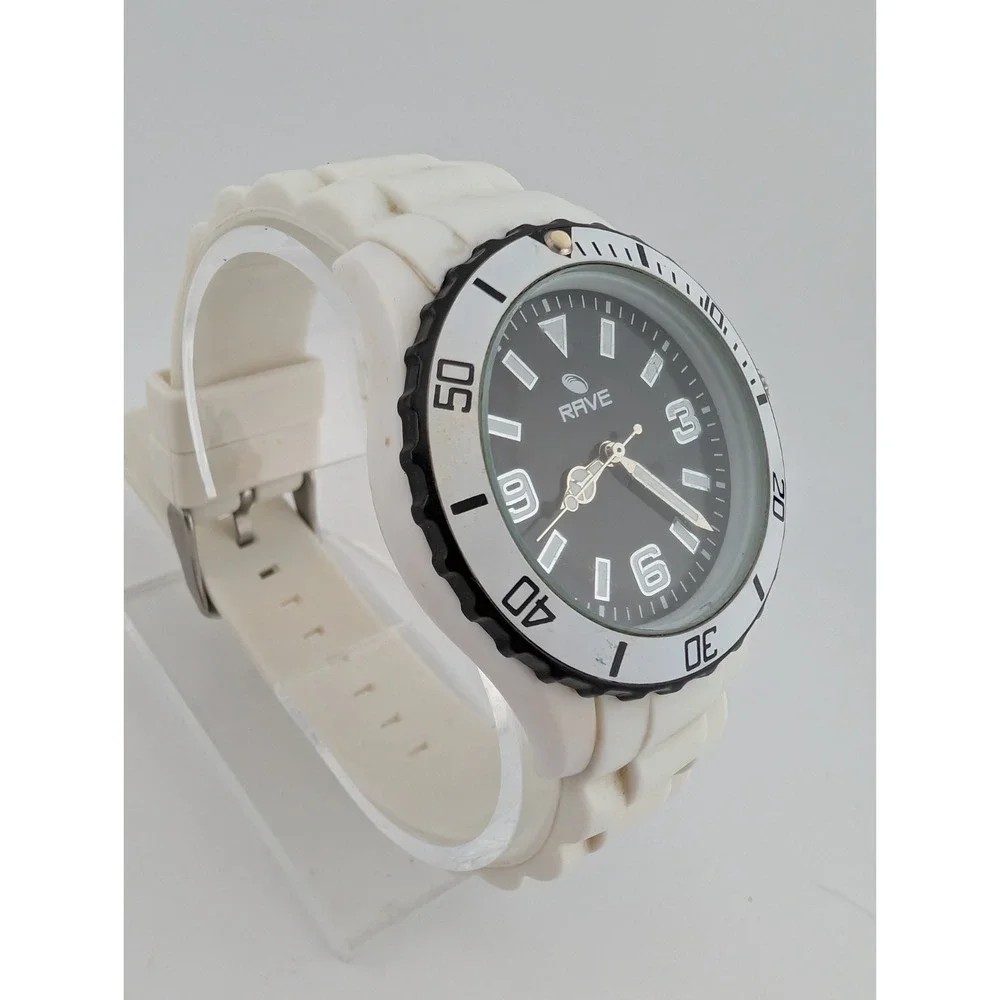 Rave Watch Men 39mm Case Rotating Bezel White Silicone‎ Band- New Battery